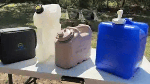 Jugfellow Universal Adapter compatibility demo showing how it connects common camp water containers to a 55 mm round-base rechargeable water pump.
